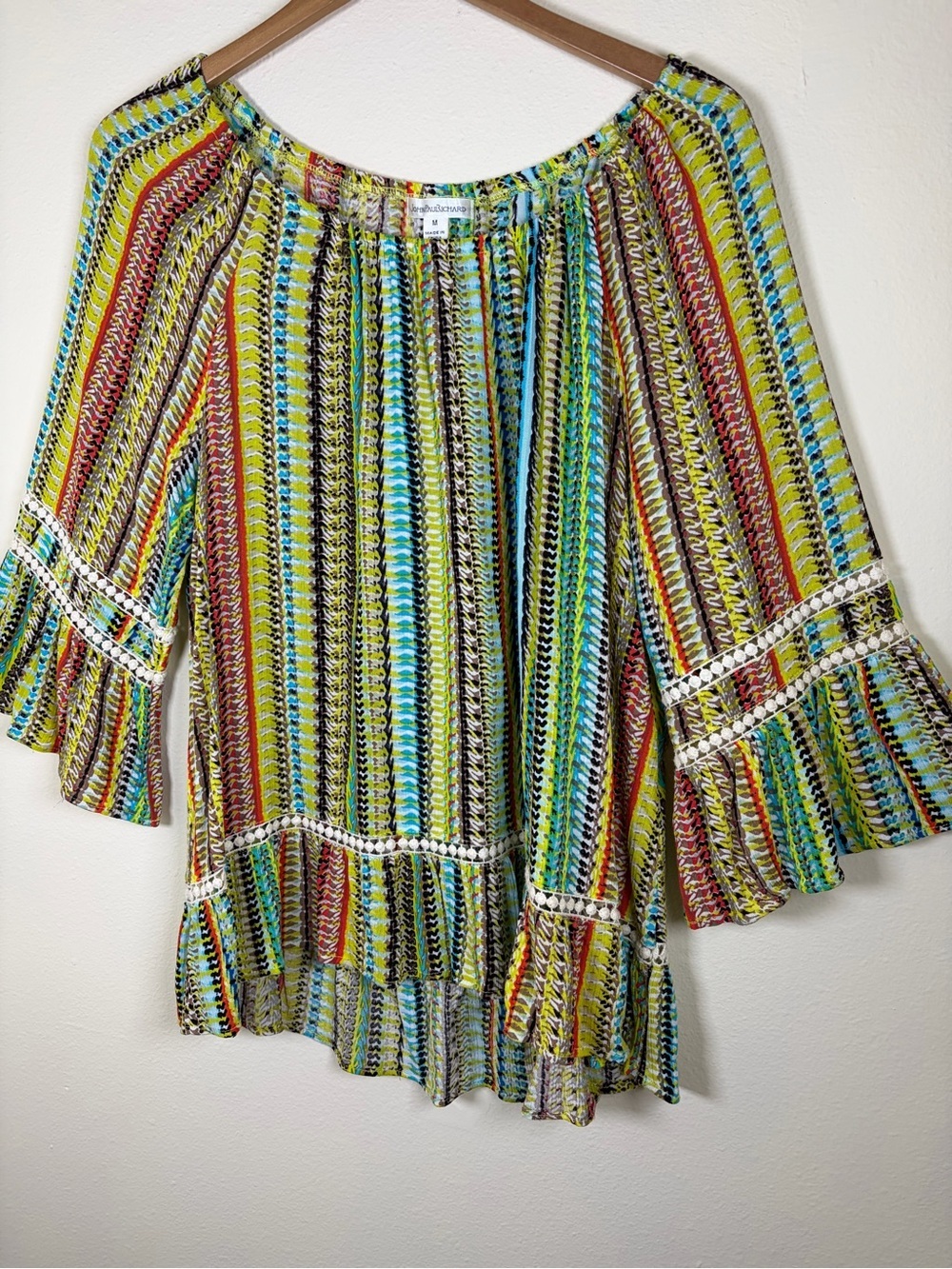 John Paul Richard Boho Peasant Blouse M Bell Sleeve Crochet Trim Colorful Rayon